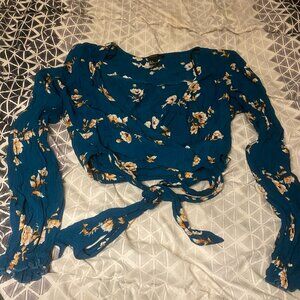 Dark Green and Floral Wrap Top